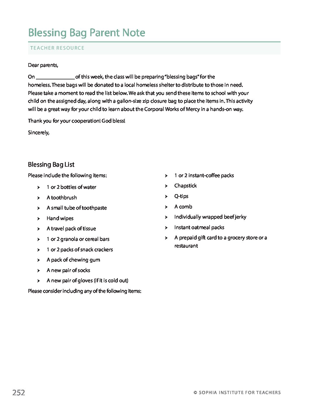 Blessing Bag Parent Note | GR1 - Sophia Teachers