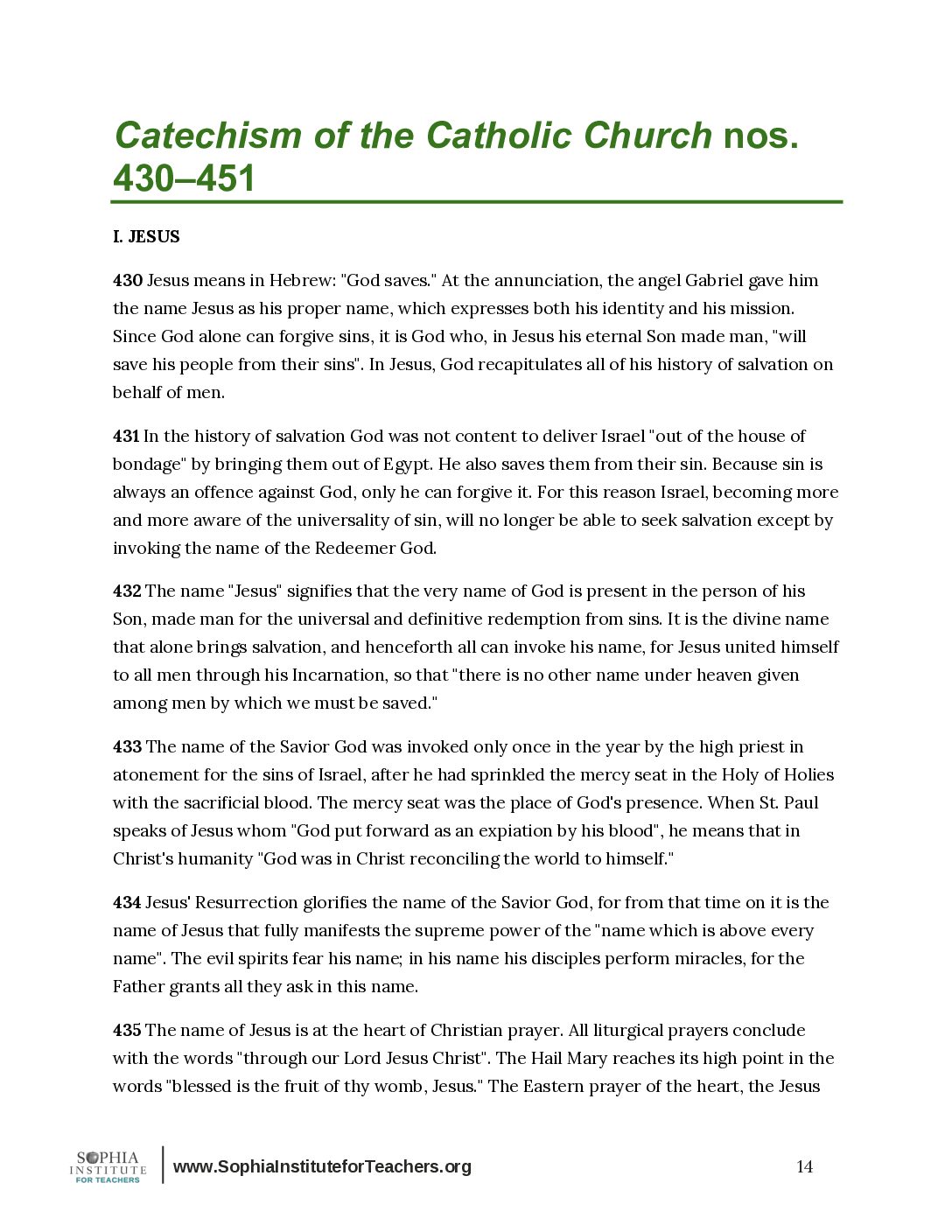 Catechism of the Catholic Church 430-451 - Sophia Teachers