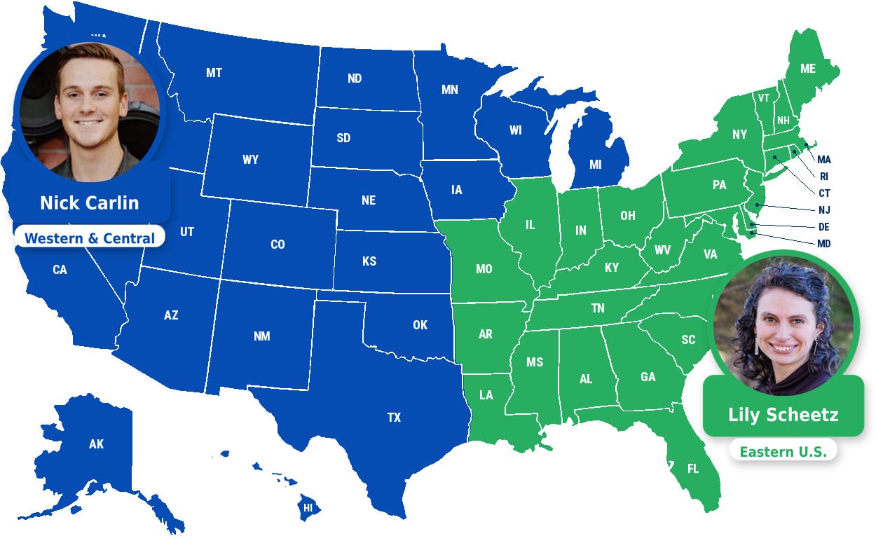 School team territory map: Nick Carlin covers Western and Central states in blue; Lily Scheetz covers Eastern states in green.