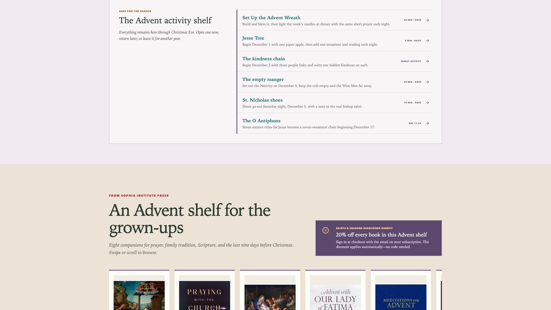 Full preview of the Saints and Seasons Advent member hub, continued