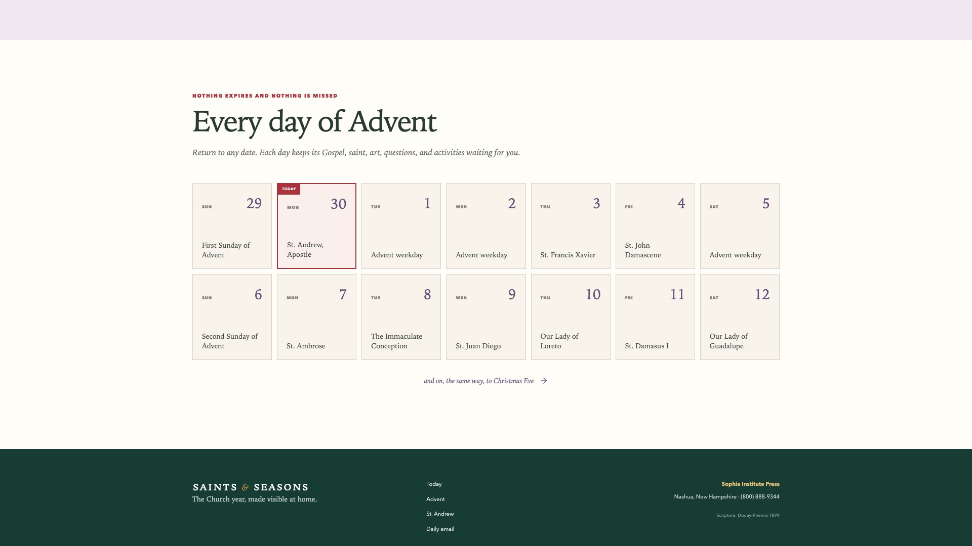 Full preview of the Saints and Seasons Advent member hub, continued
